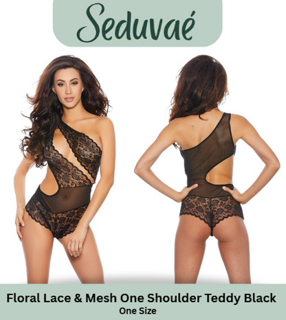 Floral Lace & Mesh One Shoulder Teddy Black