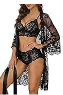 3 Piece Women Lace Bra and Panty with Robe
